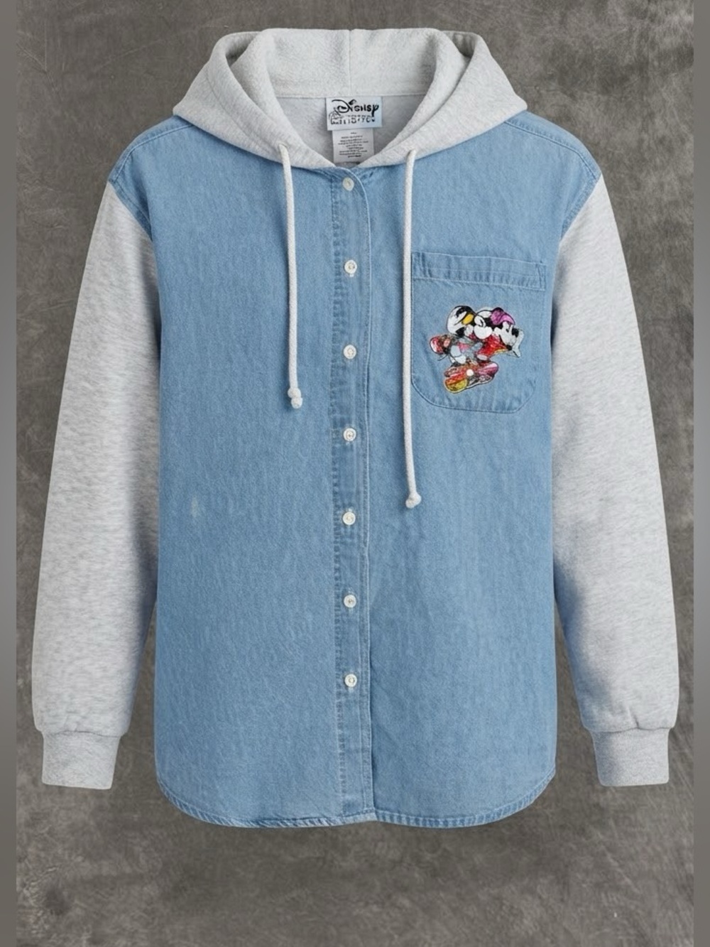 Disney Light Blue Denim Button-Front Shirt with Grey Hooded Sleeves